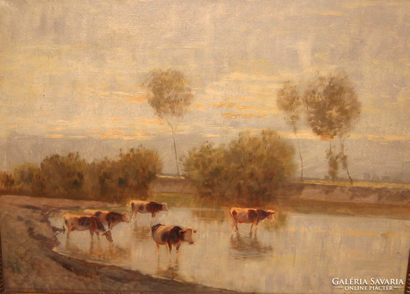 Gift price! Guaranteed original Ferenc Olgyay / 1872-1939 / painting: cows on the waterfront