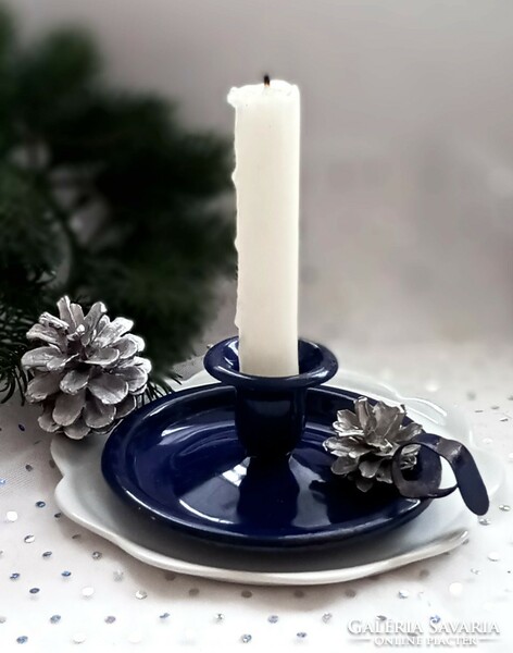 Old dark blue enamel candle holder 13x5.5Cm