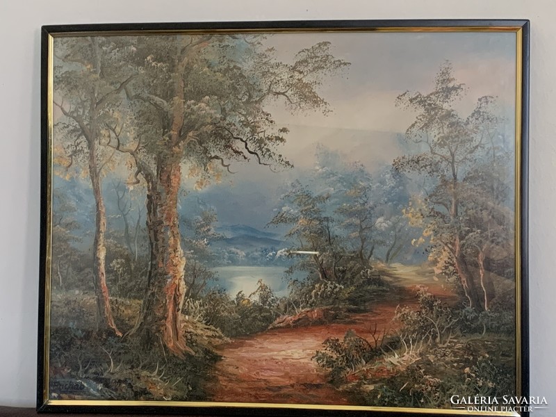 Retro fekvő falikép erdő és hegyi tó fali dekor 35 x 28 cm