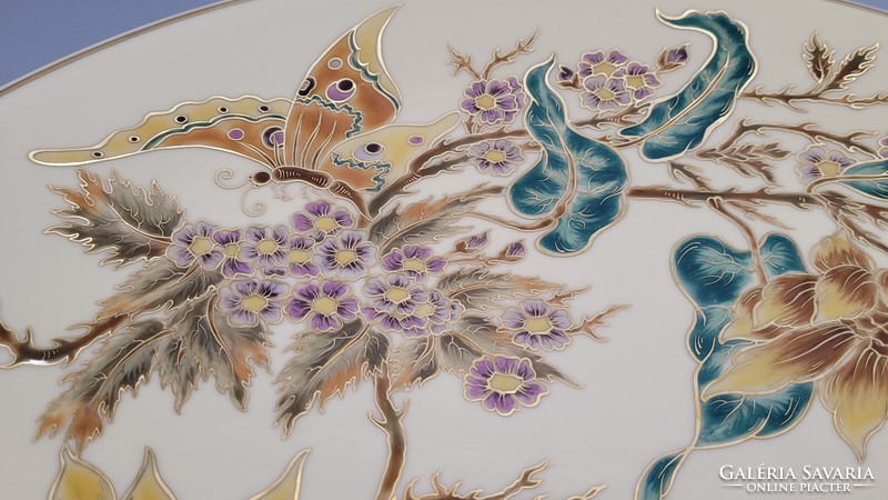 Zsolnay kézzel festett pillangós porcelán fali tál 40,5cm