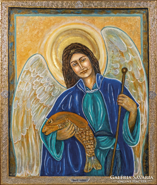 Saint Raphael the Archangel who heals, 90x85cm 2 smaller copies marked, from a premium prize winner. Károlyfi /1952