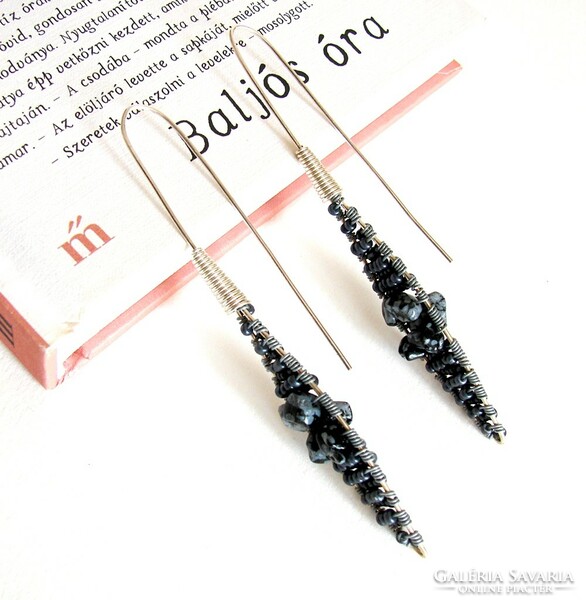 Black snowflake obsidian and glass stud earrings