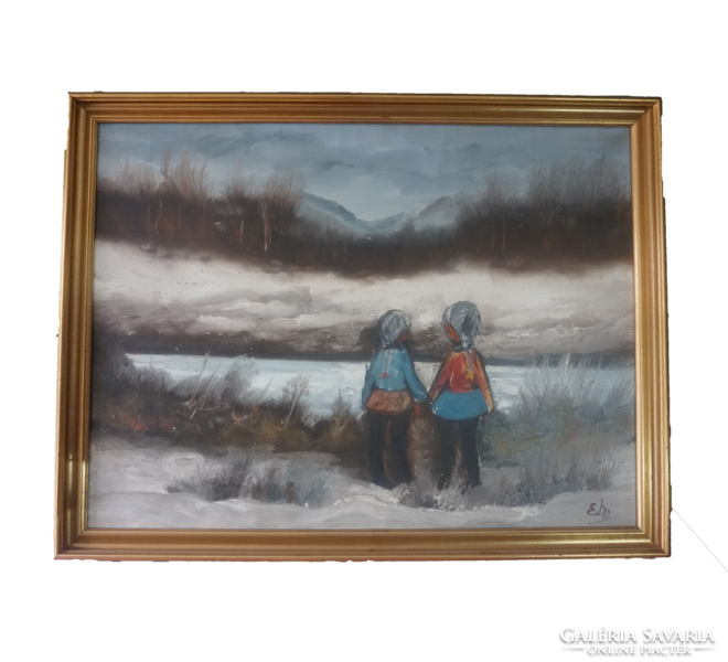 Kislányok a téli tóparton életkép (aláírva, alkotó ismeretlen, eredeti cím ismeretlen)