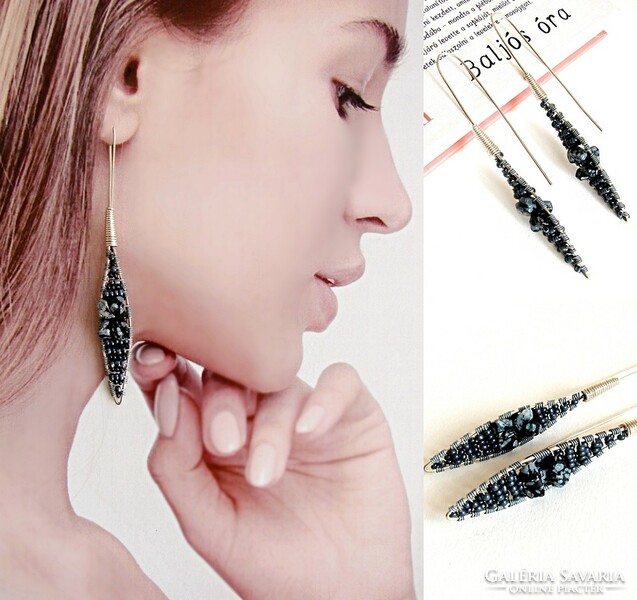 Black snowflake obsidian and glass stud earrings
