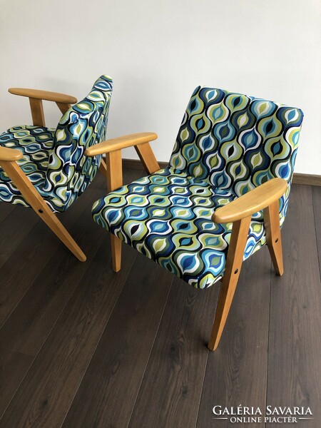 2 restored, retro, mid-century Józef Chierowski model 366 armchairs