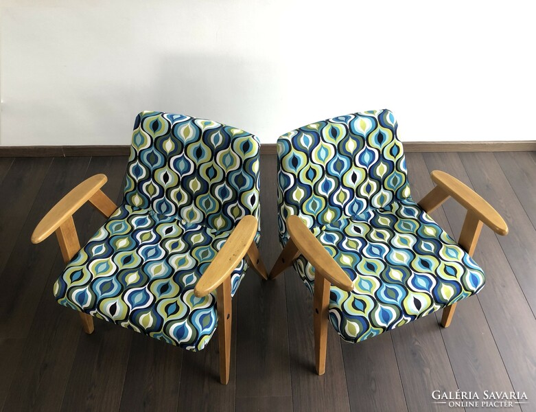 2 restored, retro, mid-century Józef Chierowski model 366 armchairs