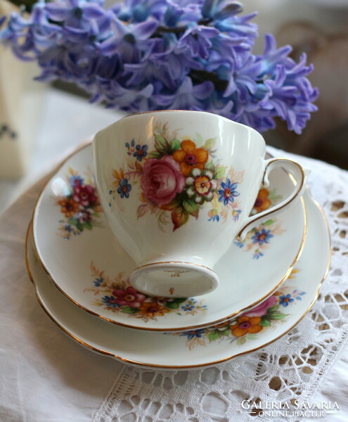 Royal Stuart Spencer Stevenson gyönyörű angol finomporcelán reggeliző trió, dús virágmintákkal