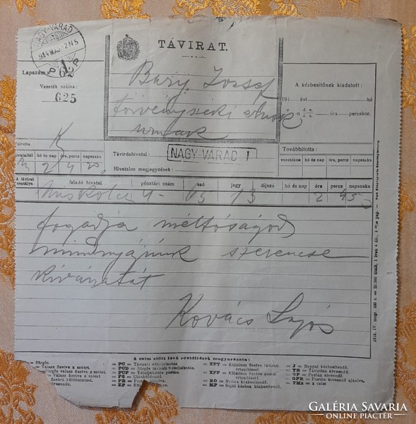 1914. Grat. Telegram of the trial judge in Tiszaeszlár, 5.