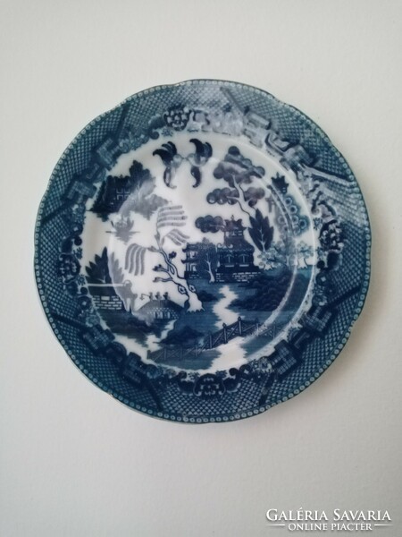 Antik kék fehér Willow / szerelemmadaras  pagodás porcelán fali / süteményes tányér 18,5 cm