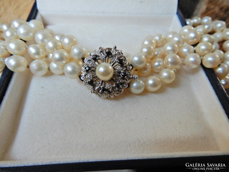 Genuine double row of real pearls with 18K white gold clasp and sapphire stones