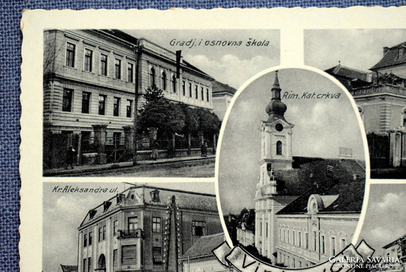 Vinkovci (Horvát) - mozaik  fotó képeslap - skola , ulica , templom, bolt   19??