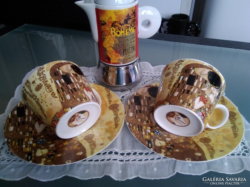 Ritka Olasz porcelán testű 2 személyes kávéfőző G. Klimt csészékkel együtt!