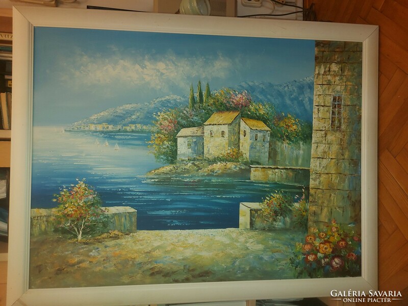 Mediterrán festmény, olaj, vászon, HATALMAS méret! 91x122 cm+ keret!!!