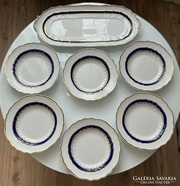 Hollóházi kék-rózsa mintás hat személyes porcelán szendvicses/süteményes készlet