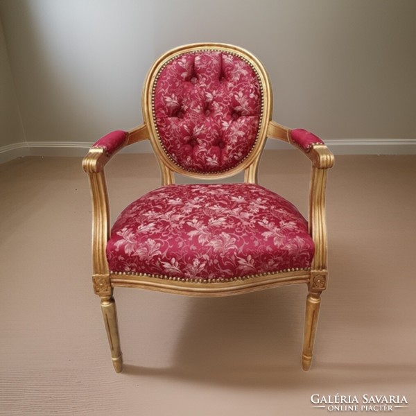 Gold-colored armchair armchair with vintage new upholstery