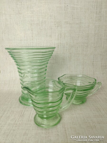 Old green glass pourer, vase, sugar bowl