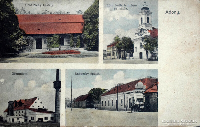 Adony- Gr Zichy kastély, templom,iskola, Gőzmalom, Raboczky épület - mozaik fotó képeslap 1928
