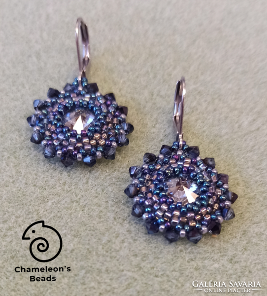 "Lilac and Blue Mandala Beading Earrings" Swarovski kristályos liláskék gyöngyfűzött fülbevaló