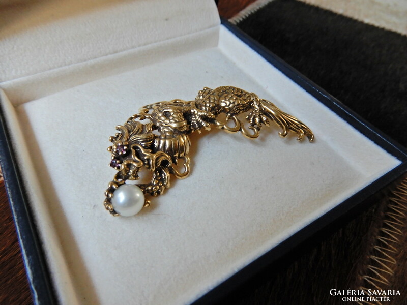 Old kai yin lo gold plated silver dragon brooch pendant with ruby eyes and akoya pearl