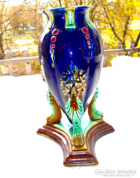 Secession majolica vase with three lion figures on the side, 23 cm