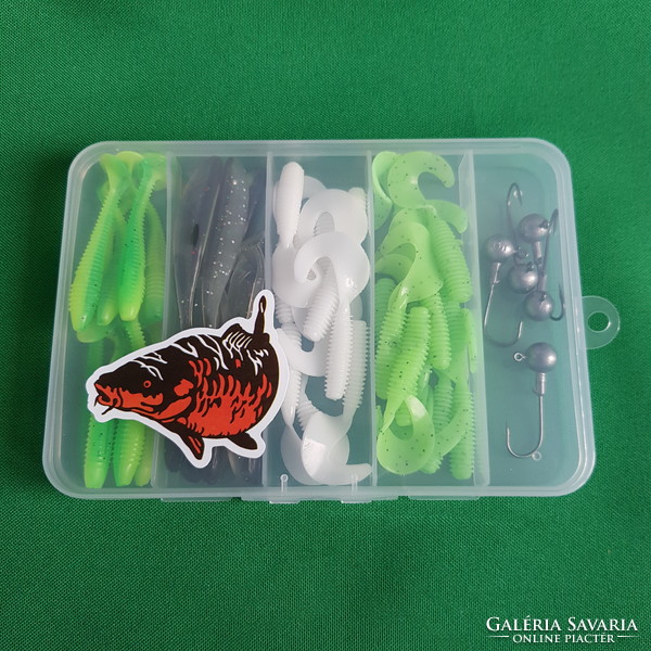 New, 45-piece fishing bait set in a box - rubber fish, hook - 22.