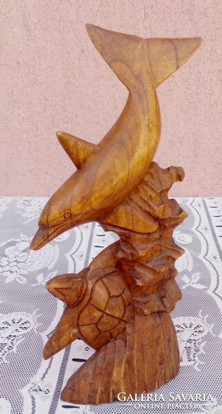 Carved dolphin with turtle from Indonesia, unique handicraft work. 30Cm.