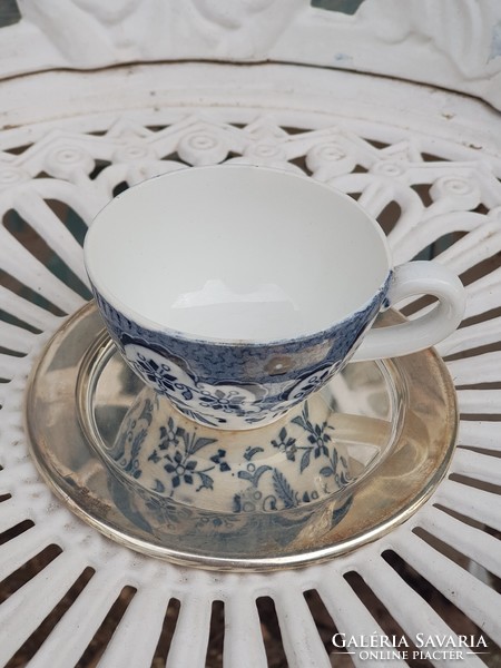 Antique sarreguemines coffee cup with silver plated coaster