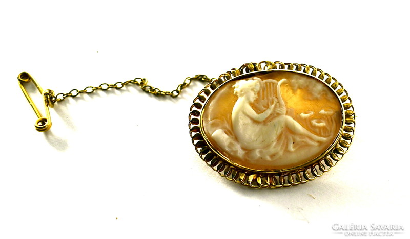 Antique Biedermeier gold-framed cameo inlaid brooch - lapel pin