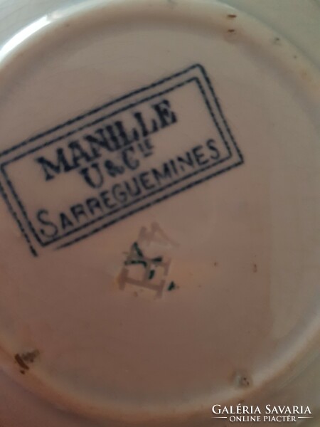 Antik Sarreguemines kávés csésze ezüstözött poháralátéttel