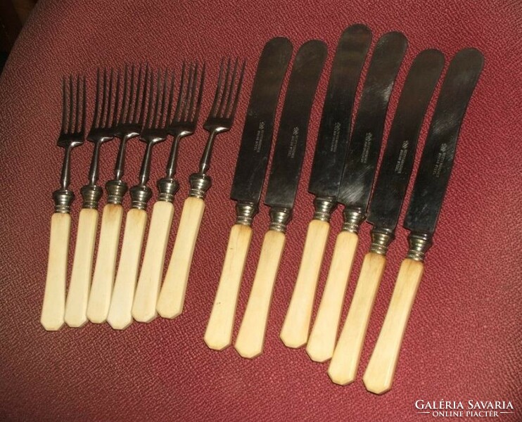 Antique bone-handled knife + fork set 6+6 - redtenbacher shear steel