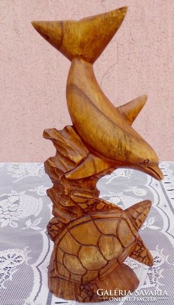 Carved dolphin with turtle from Indonesia, unique handicraft work. 30Cm.