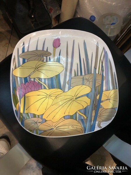 ROSENTHAL STUDIO dekoratív tányér – arany vízi liliomok, porcelán, 26 x 26 cm-es