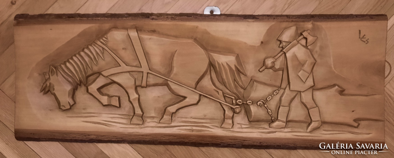 Carved Transylvanian mural, a horse pulling a log and the woodcutter, marked
