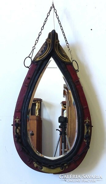 1Q150 antique horse tool framed copper mirror 92 x 52 cm
