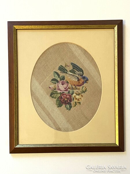 Bird and flower embroidered needlework in a beautiful frame under glass 32 x 37 cm