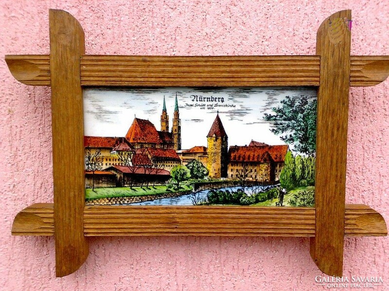 Mural painted on a ceramic board with doubles, Nuremberg skyline, rustic decoration