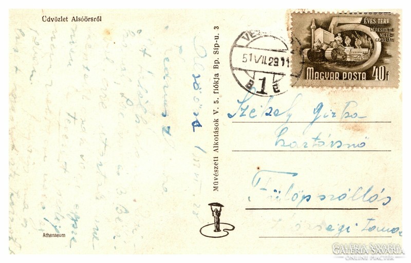 Alsóörs, greetings from Alsóörs postcard, 1951