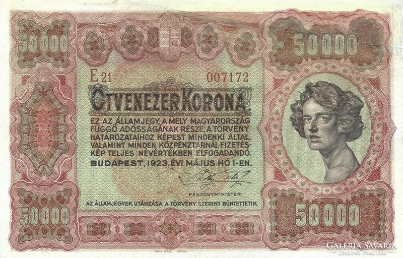 50000 korona 1923 ékezet hibás Ritka Jobb felső sarok pótolt