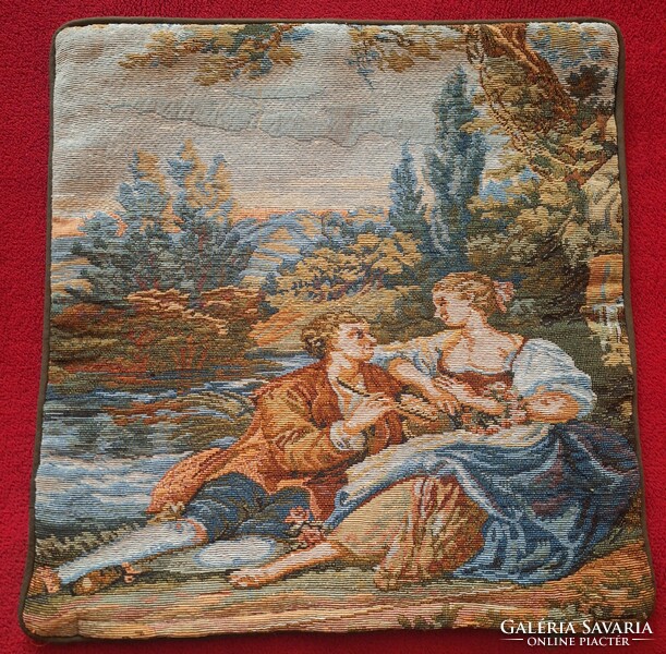 Decorative cushion cover with tapestry pattern, machine woven, French scene