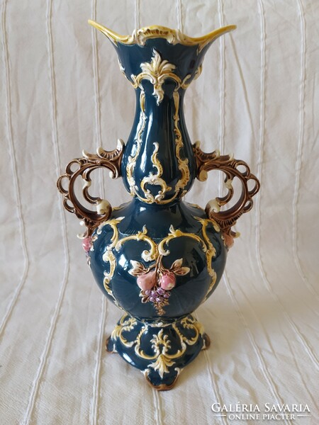 Antique baroque style majolica vase with two handles, plastic decor, large size, 38 cm