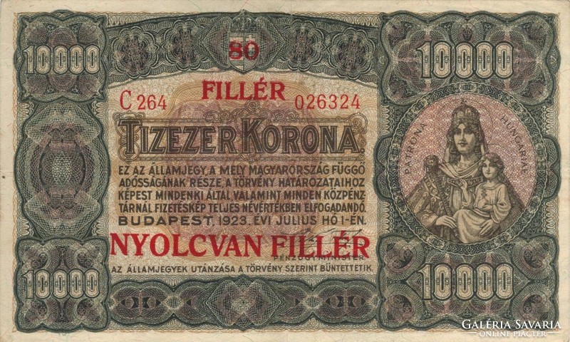 10000 korona / 80 fillér 1923 Nagyon szép