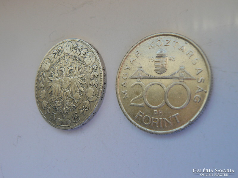 2 silver coins in one, k.U.K. Austria 5 kroner 1900, 200 ft 1993, original!