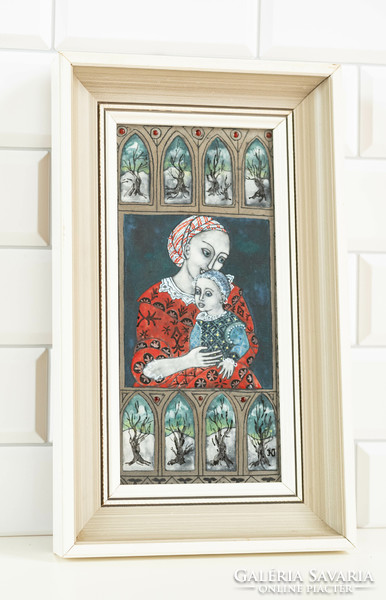 Fire enamel painting by Berényiné Kátai - mother with child, neo-gothic style
