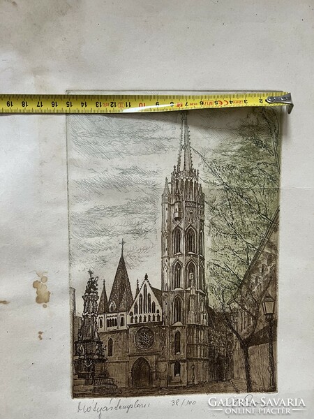 Colored etching Matthias church, without frame. Injured