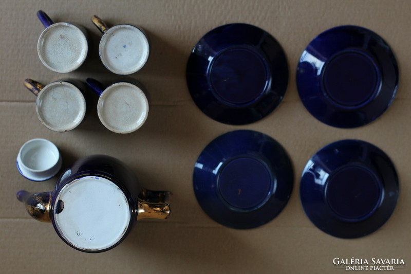 Art Deco kék mázas fajansz porcelán teáskészlet kanna csésze