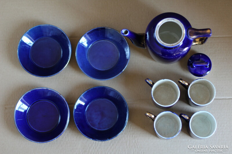 Art deco blue glazed earthenware porcelain tea set pitcher cup