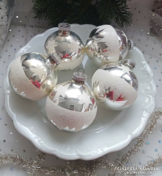 Antique German drgm glass silver white large ball Christmas tree decorations 5 pcs 7-8cm