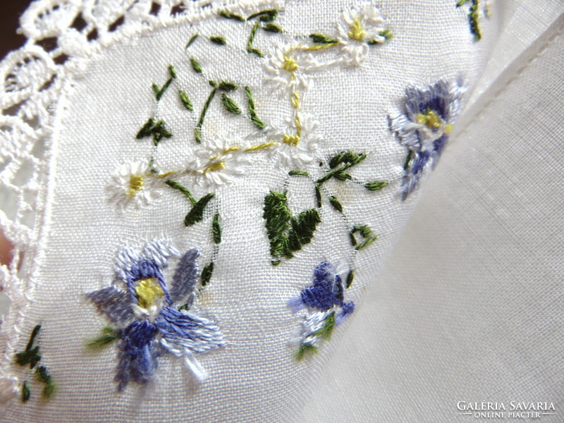 Violet and daisy embroidered textile handkerchief