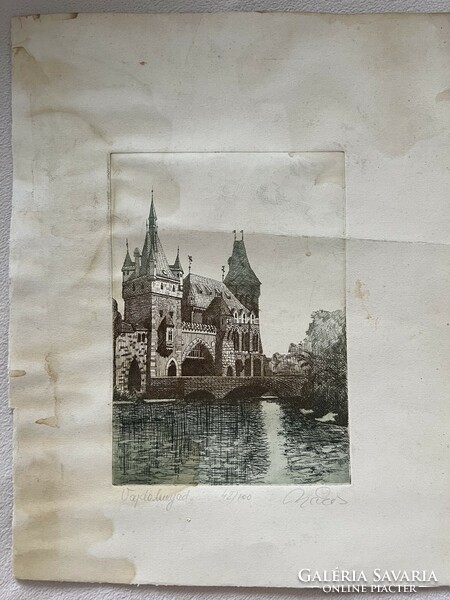 Colored etching of Vojdahunyad castle, without frame. Injured