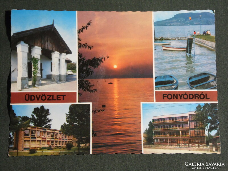 Postcard, Balaton Fonyód, Béla estate, mosaic details, resort, pier, sunset, detail